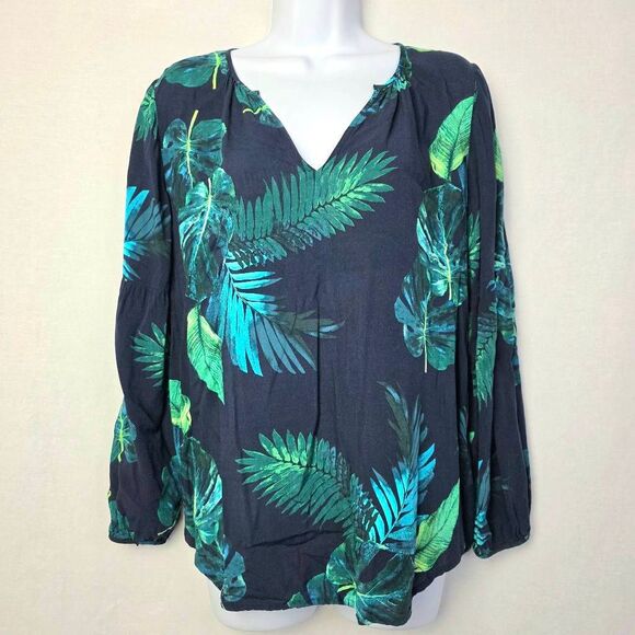 Old Navy Black Green Tropical Print Blouse M - Picture 1 of 7